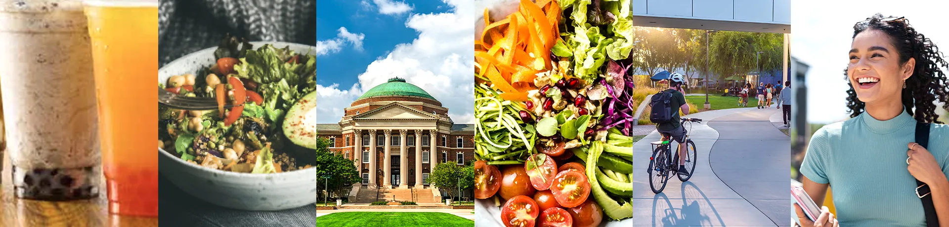 gallery of images showing food, college campuses, and student life