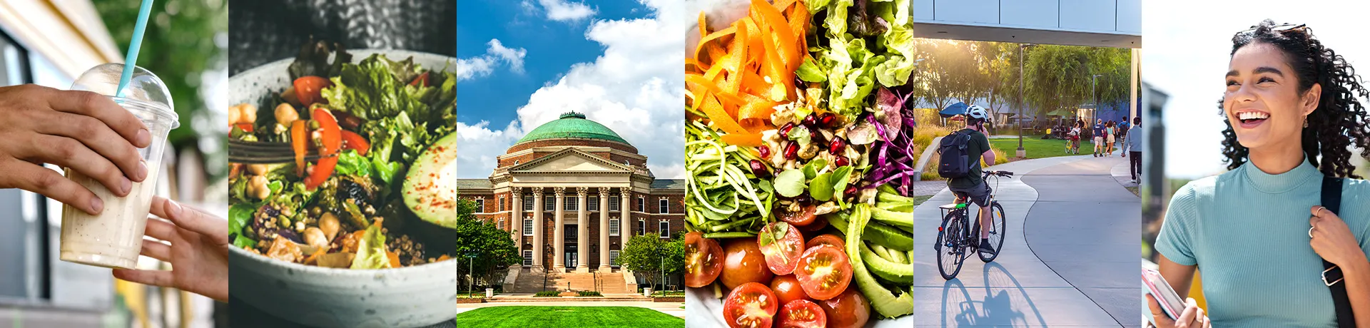 gallery of images showing food, college campuses, and student life